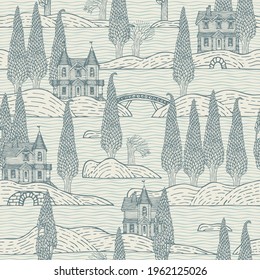 Patrón sin foco con dibujos de contorno de casas antiguas, árboles, islas y puentes sobre un telón de fondo con un patrón ondulado. Fondo del vector dibujado. Papel pintado, papel envasado, tela, libro de coloreado