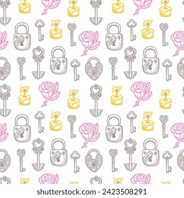 Seamless pattern with contour drawings of roses, keys, locks, candles on a white background.