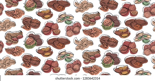 Seamless pattern with contour drawings of various types of nuts with colored spots on white background.  Vector texture for wallpaper, fabrics, menus and your design.