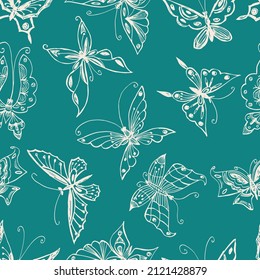 Seamless pattern of contour drawings of various decorative fantasy butterflies