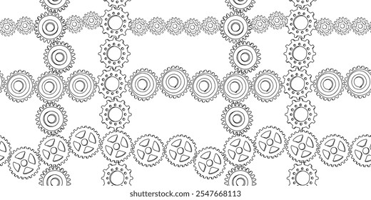 Patrón inconsútil de los dibujos del contorno de las diversas ruedas dentadas, fondo del Vector, papel, Fondo de pantalla