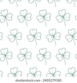 Seamless pattern of contour drawn tree leaf clover in trendy green. Concept for wallpaper or print
