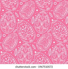 Seamless pattern with contour Easter eggs. Holiday wallpaper with white outline of holiday treats on pink background. Delicate fabric with folk pattern. Vector festive texture