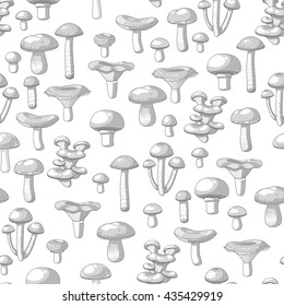 seamless pattern of contour edible mushrooms on white background
