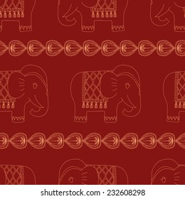 Seamless pattern with contour elephants on red background 