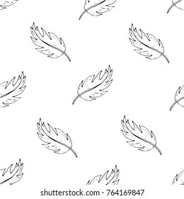 Seamless pattern contour of feathers on a white background. Hand drawing. Vector illustration.