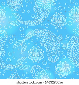 Seamless pattern with contour fishes, Lotus flowers and bubbles, white contours on blue  background