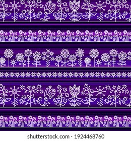 Seamless pattern with contour of  flowers and berries in mysterious colors. Decorative stylized white flowers and berries create openwork lace on purple and lilac stripes.