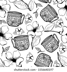 seamless pattern of contour flowers and colorings mugs, vector, ready for printing on fabric, paper, wallpaper, covers, packages, cards, invitations, food packaging, for home design.