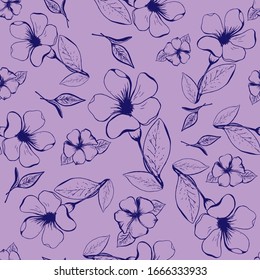 seamless pattern of contour flowers and leaves on a light purple background, ready for printing on fabric, paper, wallpaper, covers, packages, postcards, invitations, packaging