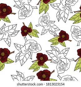 Seamless pattern of contour flowers with leaves and dark red tropical flowers with a yellow center and three green leaves, vector illustration for design and cretivity