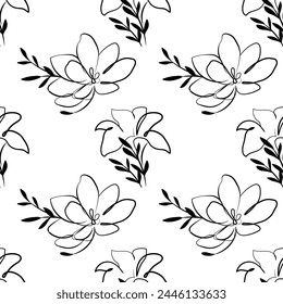 Seamless pattern, contour flowers, leaves and plants in pastel shades. Abstract background for textile, print. Vector