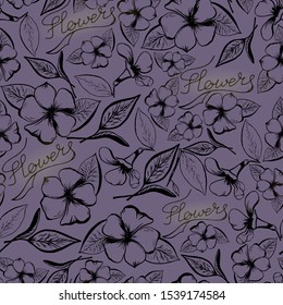 seamless pattern of contour flowers and leaves,and the word flowers on a light purple background, ready for printing on fabric, paper, wallpaper, covers, packages, postcards, invitations, packaging, f