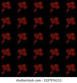 Seamless pattern of contour flowers for textiles. Black background with red floral pattern. Flowers throughout the design in vector.