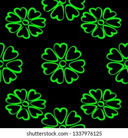 Seamless pattern of contour flowers for textiles. Black background with green floral pattern. Flowers throughout the design in vector.