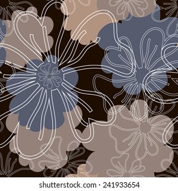 Seamless pattern with contour of flowers. White silhouettes of flowers on black background.