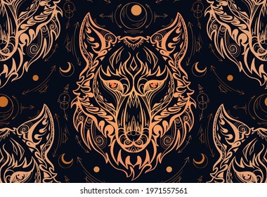 Seamless pattern with contour gold wolf head and sacred symbols on dark background. Predator portrait in front with boho pattern. Tribal luxury texture for fabrics and wallpapers.