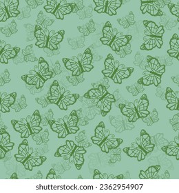 Seamless pattern of contour green butterflies on a green background for textiles and packaging. Vector illustration