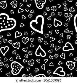 Seamless pattern, contour heart with dots on black, vector illustration for textiles, wallpaper and wrapping paper