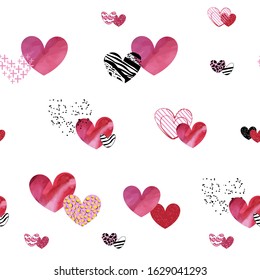 Seamless pattern with contour hearts in graphic style isolated on the transparent background. Endless texture for cards, decoration, invitations. Vector illustration
