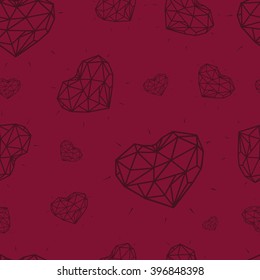   Seamless pattern with contour hearts on the burgundy color background. Can be used as a greeting card on a Valentine`s day , invitation,background or any other design.