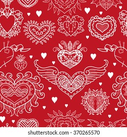 Seamless pattern with contour hearts pattern. A variety of painted hearts in a seamless pattern. Simple valentines pattern on a red background.