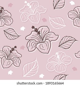Seamless pattern with contour hibiscus flowers on a beige background. Beautiful floral background. Can be used for textiles, book covers, packaging, wedding invitations. Vector illustration.