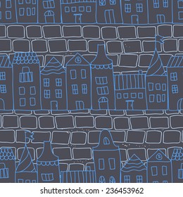 Seamless pattern with contour houses on dark background