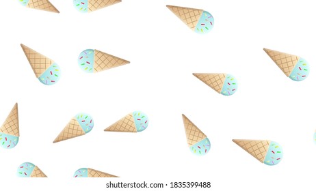 Seamless pattern with contour ice cream and hearts. Thin line flat design. Vector background.