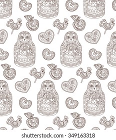  seamless pattern, contour illustration, Christmas market, a fair, a cat with a basket, doll, candy, apple         