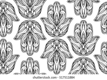 Seamless pattern with contour illustration of Hamsa with boho pattern. Hand of Buddha. Vector background for wallpapers, wrapper, printing on T-shirts and textile. Tracery hand drawn pattern