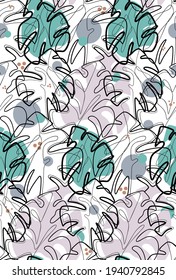 Seamless pattern of contour illustration of monstera leaves with color spots. Tropical flora. Monoline picture. Vector trendy continuous line foliage of various shapes. Natural wallpaper and texture
