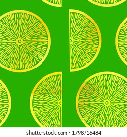 Seamless pattern, with a contour image of citrus slices. Citruses on a green background.