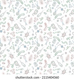 Seamless pattern with contour images of bacteria, germs and viruses , simple colored contour icons on white background