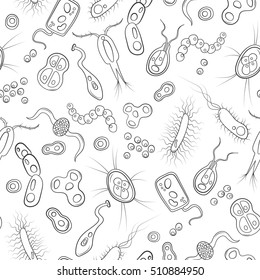 Seamless pattern with contour images of bacteria, germs and viruses on the white background