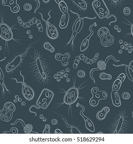 Seamless Pattern With Contour Images Of Bacteria, Germs And Viruses On The Dark Background