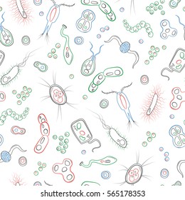 Seamless pattern with contour images of bacteria, germs and viruses , simple colored contour icons on white background