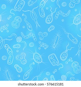 Seamless Pattern With Contour Images Of Bacteria, Germs And Viruses On The Blue Background