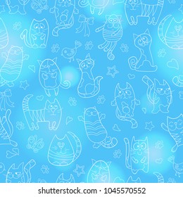 Seamless pattern with contour images cartoon cats , light contour on blue background