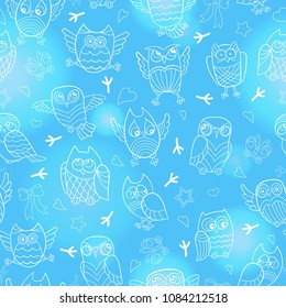 Seamless pattern with contour images of cartoon owls , white outline on a blue background