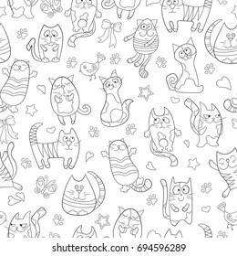 Seamless pattern with contour images cartoon cats , black contour on white background