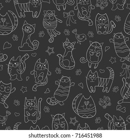 Seamless pattern with contour images cartoon cats , white contour on dark background