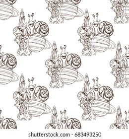 Seamless pattern of contour images of the spacecraft and fun snail.