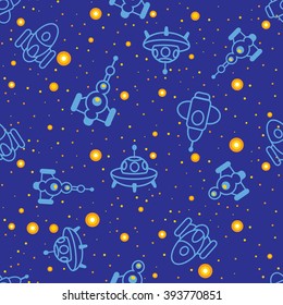 Seamless pattern with contour images of spaceships in the night sky.