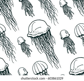 seamless pattern with contour of jellyfishes on white background
