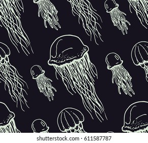 seamless pattern with contour of jellyfishes on dark background