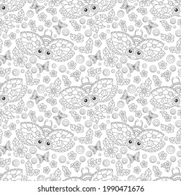 Seamless pattern with contour ladybugs and flowers, outline insects on a dark background