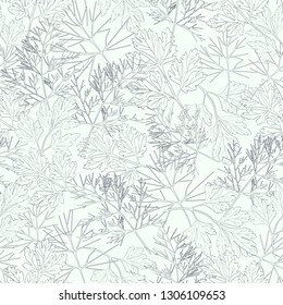 seamless pattern of contour leaves of dill and parsley in dark blue on a light background