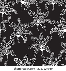 Patrón sin brillo del contorno de las mentiras sobre un fondo negro. Patrón con lirios florecientes. Bonitas ilustraciones de moda. Flores decorativas botánicas. Ilustración vectorial.