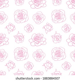Nahtlose Muster mit Kontur Linie Kunstblumen. Rosa odorata, Teestrosen-Rahmenelemente einzeln auf weißem Hintergrund. Blumendesign für Textilien, Wickelpapier, Gewebe oder Tapeten.